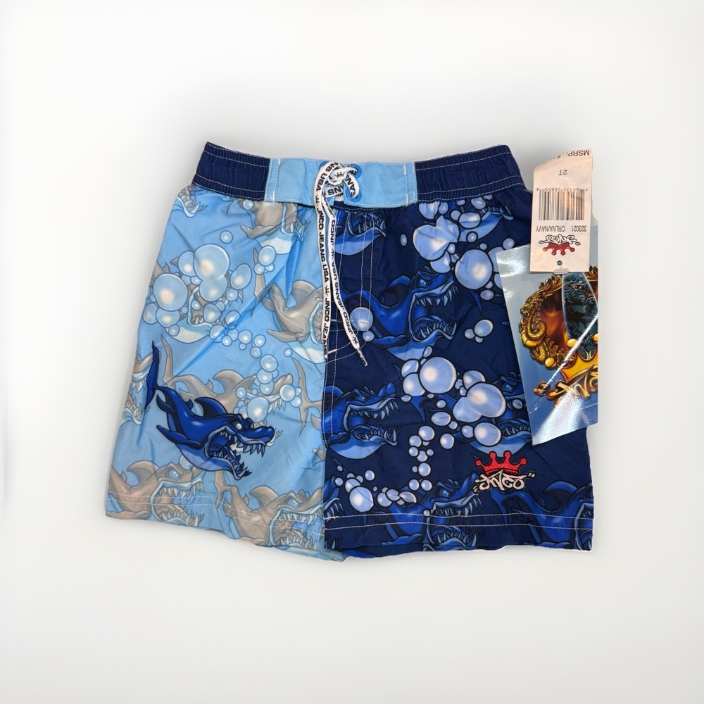 Vintage JNCO Jeans Toddler Boys 2T Swim Trunks Shark Print Blue NWT Deadstock